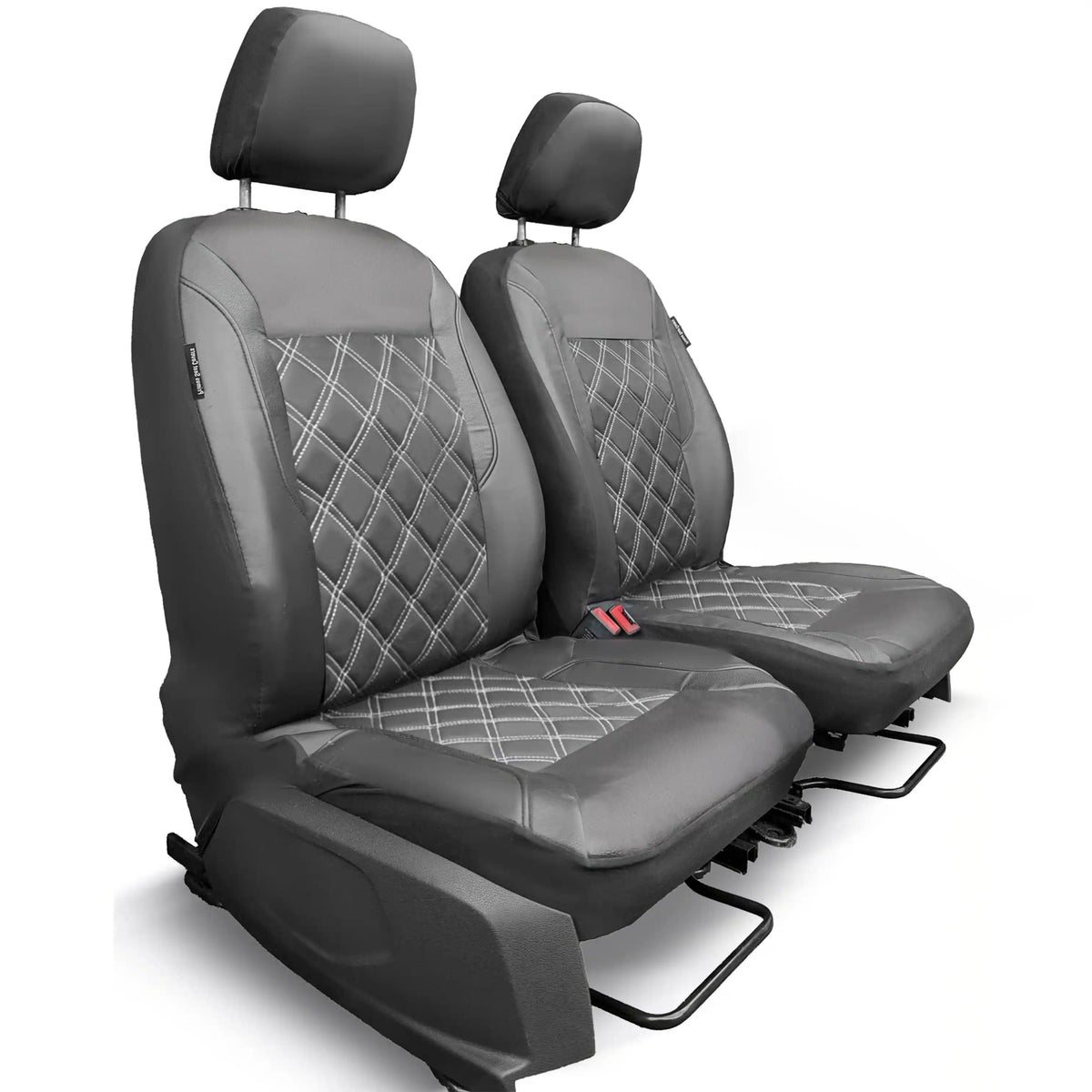 Black car seat covers with diamond pattern on a white background