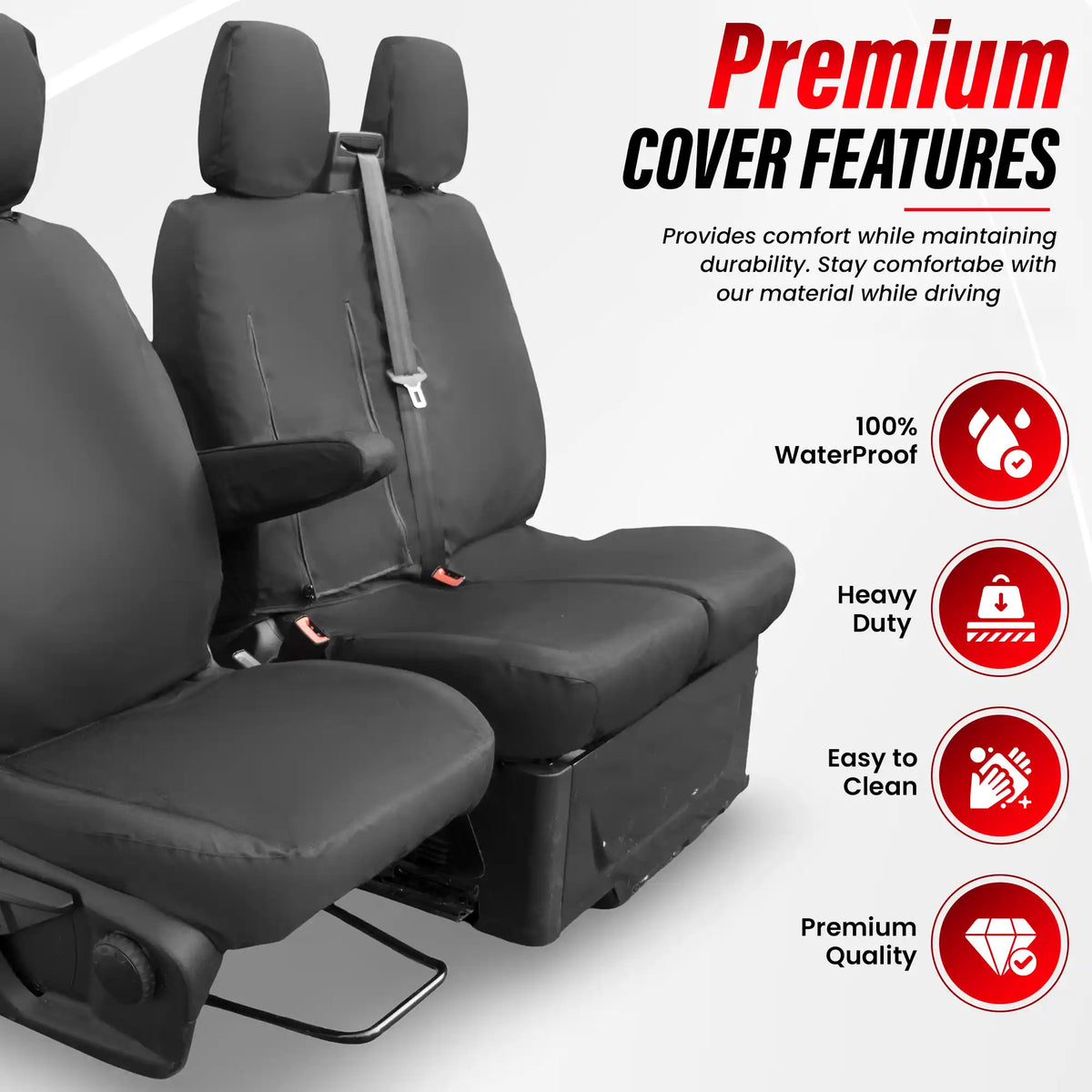 Car seat covers with premium features on a white background