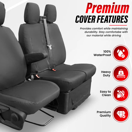 Car seat covers with premium features on a white background