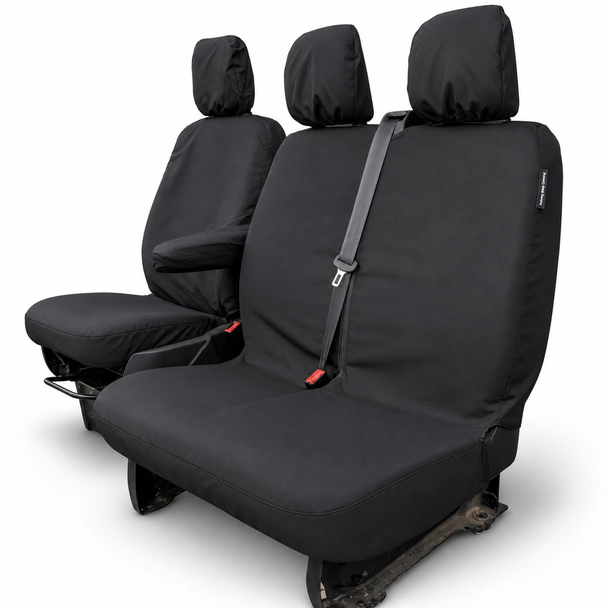 Black fixed-base vehicle seat cover set with headrest covers for front seats