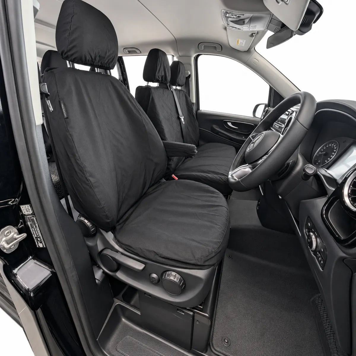 Mercedes Vito seat cover set for front seats, black covers and padded headrests.