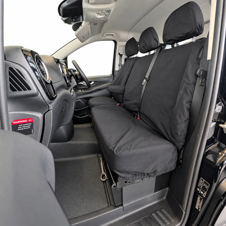 Mercedes Vito driver and double passenger seat cover set, black padded covers.