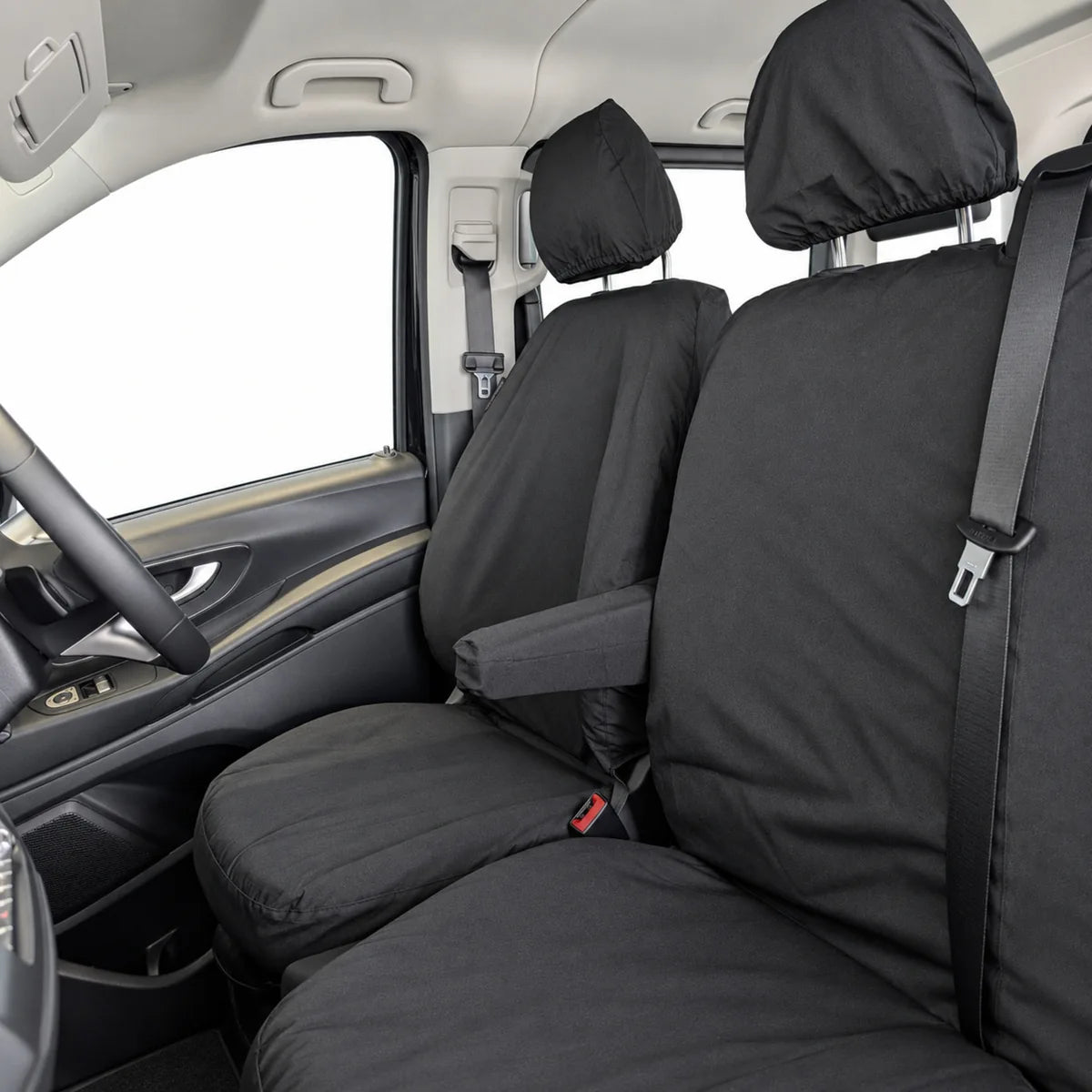 Mercedes Vito passenger seat cover, black padded cushion and backrest with headrest.