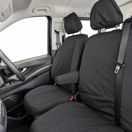 Mercedes Vito passenger seat cover, black padded cushion and backrest with headrest.