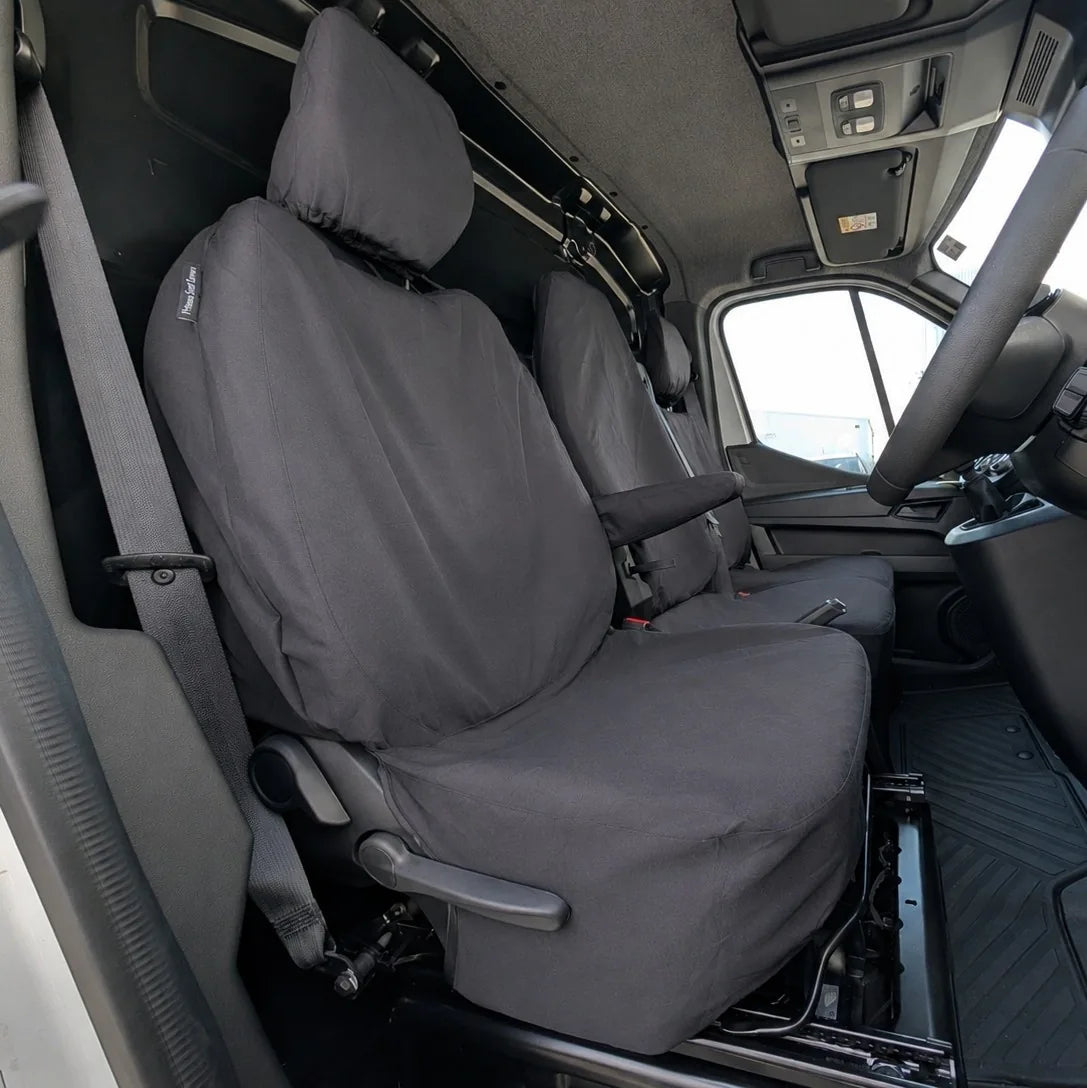Black double passenger seat cover with headrest and armrest, fitted for Renault Master.