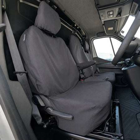 Black double passenger seat cover with headrest and armrest, fitted for Renault Master.