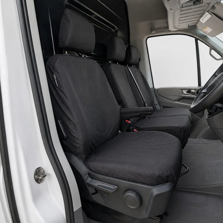 Dark front seat cover with cutouts for controls and seatbelt, MAN TGE 2017+
