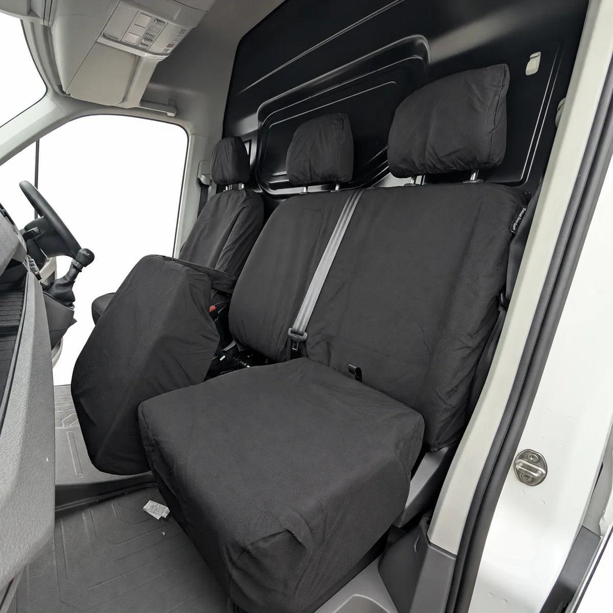 Black VW Crafter seat covers with light gray center stripe on front bench