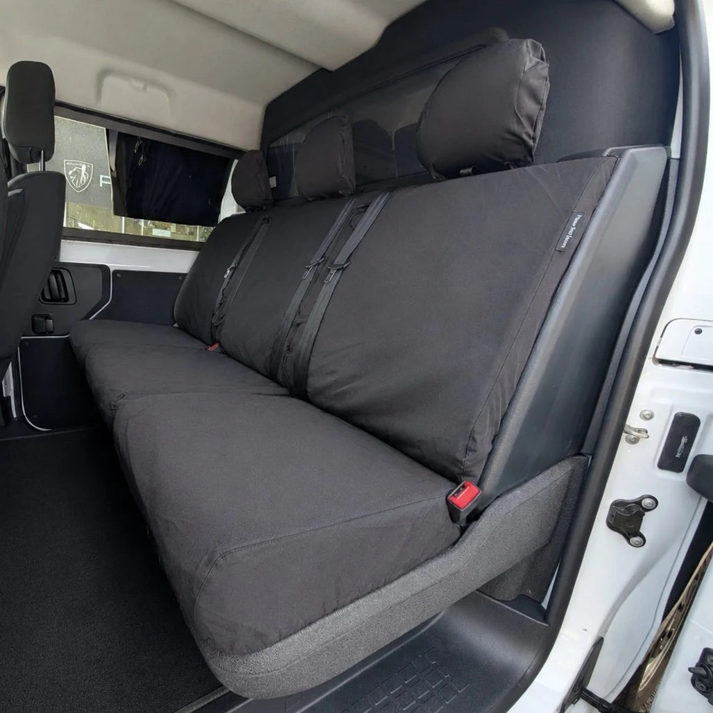 Grey rear crew seat cover set for vehicle, with headrest and harness slots