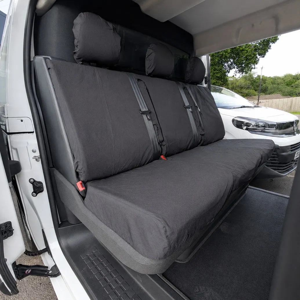 Dark gray rear seat cover set with headrest cushions and fixing straps