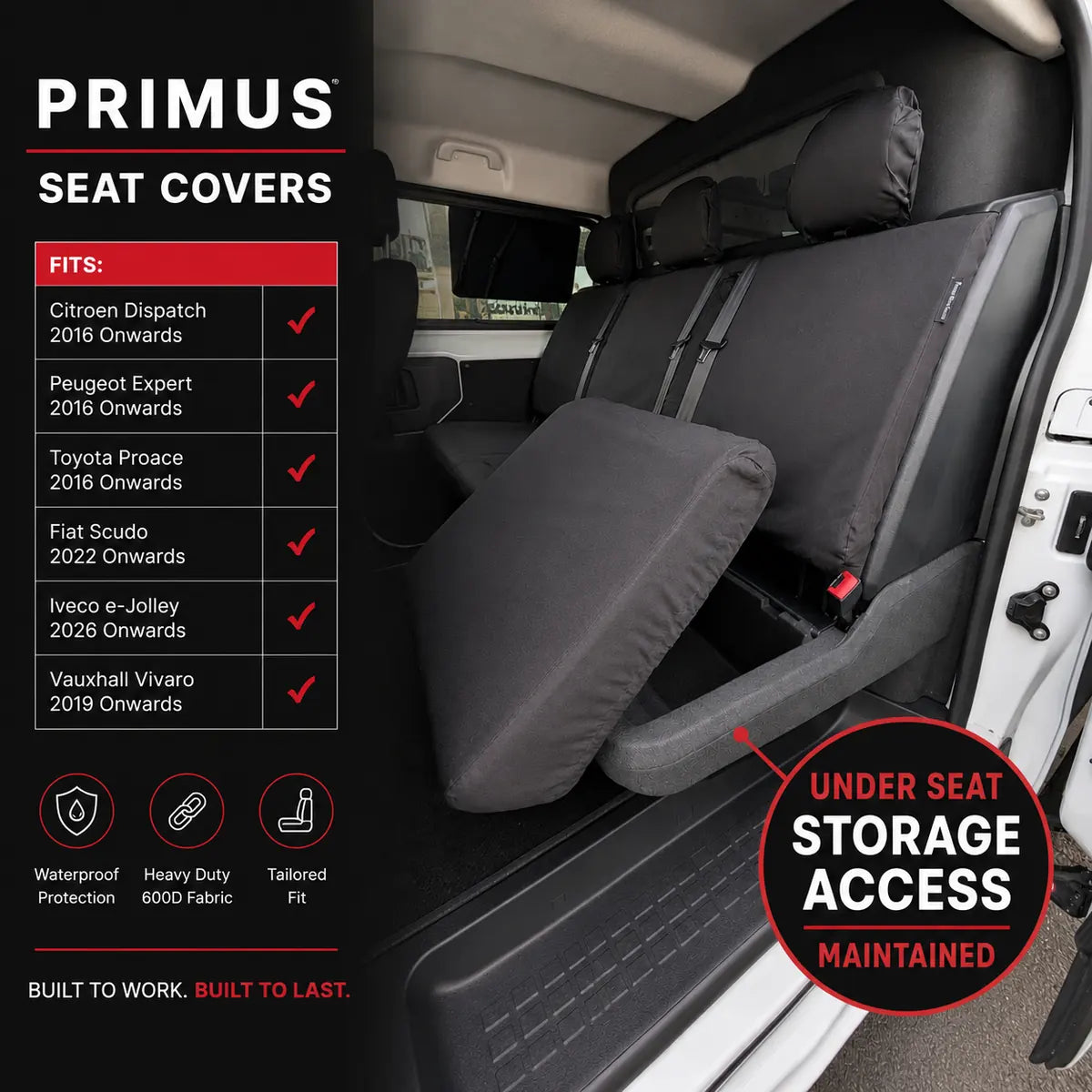 Dark gray rear crew seat covers with under-seat storage access opening and red buckle tabs