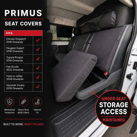 Rear crew seat covers for Fiat Scudo, dark gray seat cover with under-seat access pocket