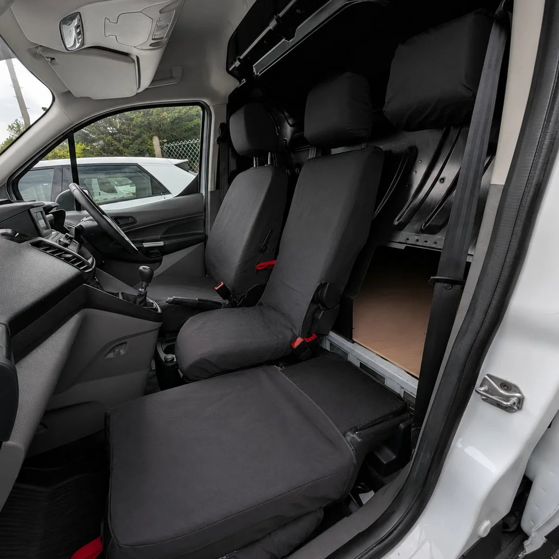 Front passenger seat covers set, dark gray fabric with red clips and fitted headrest covers