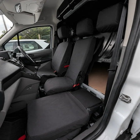 Front passenger seat covers set, dark gray fabric with red clips and fitted headrest covers