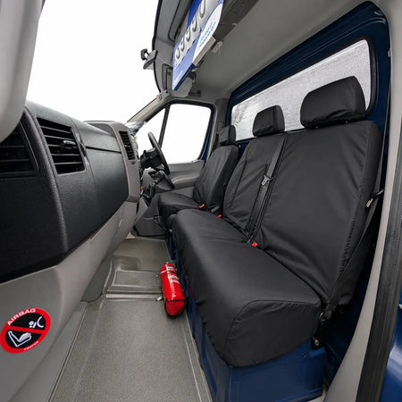 Black driver & passenger seat covers with headrests, VW Crafter 2010-2017