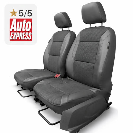 Black car seat covers with Auto Express 5/5 rating on a white background