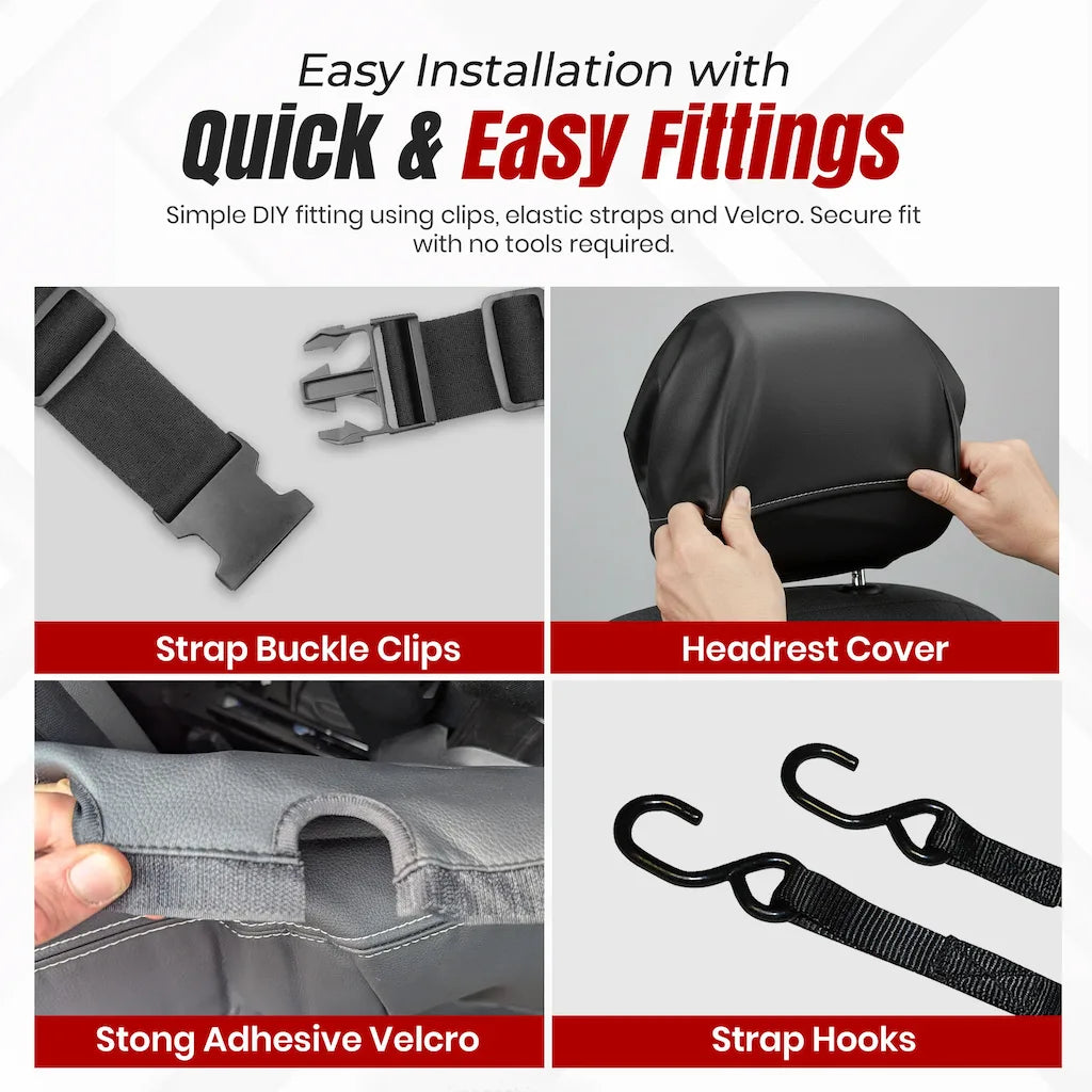 Car seat cover installation kit with strap buckle clips, headrest cover, adhesive Velcro, and strap hooks on a white background.