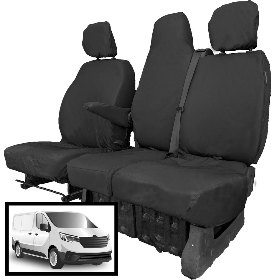 Waterproof tailored seat covers for the Renault Trafic driver and folding double passenger seats. 