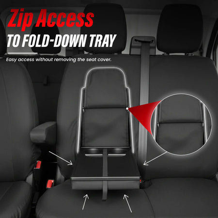 Car seat with fold-down tray and zip access feature, showing ease of use without removing seat cover.