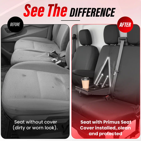 Before and after comparison of a car seat with and without a Primus Seat Cover. Without is dirty seats and with looks clean and protected.