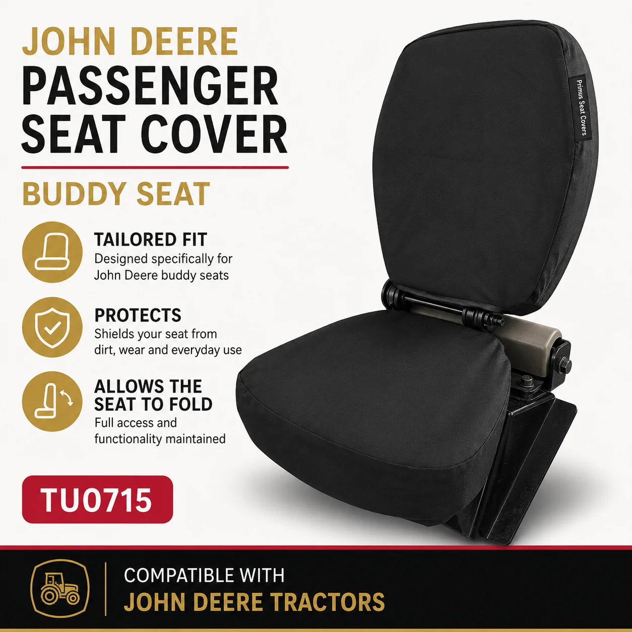 Black John Deere Passenger Seat Cover for Buddy Seats, shown installed on a fold-down tractor seat with product features and compatibility text on a white and black background.
