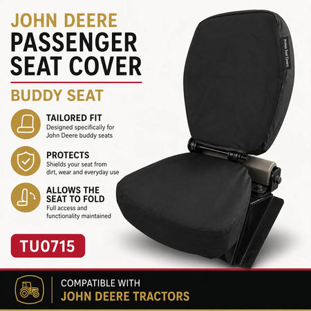 Black John Deere Passenger Seat Cover for Buddy Seats, shown installed on a fold-down tractor seat with product features and compatibility text on a white and black background.
