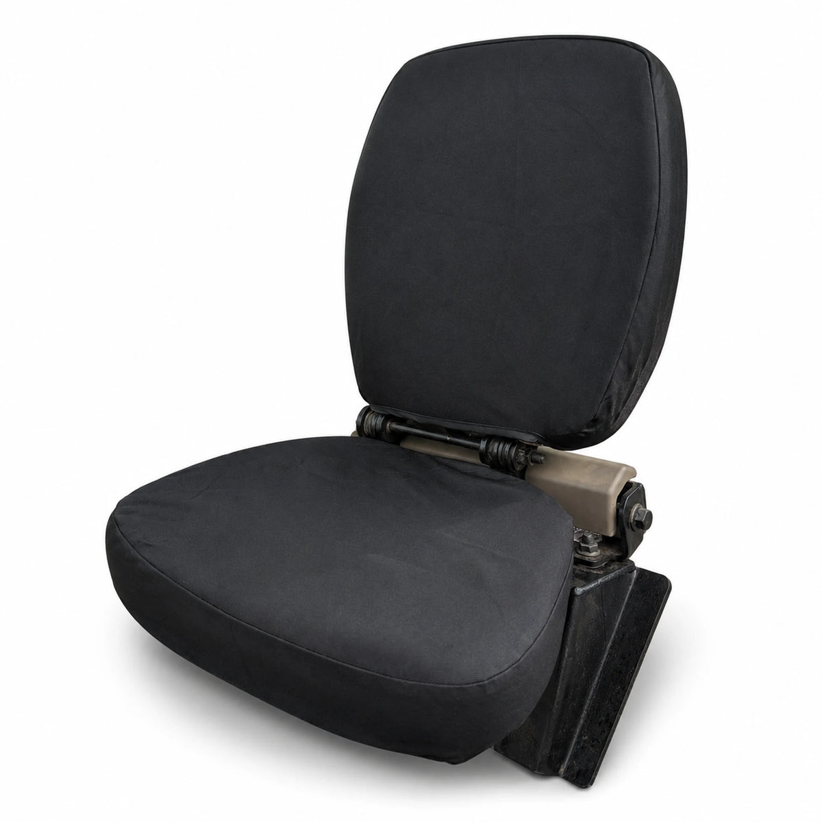 A black padded seat cushion with a matching backrest, shown on a white background. The cushion is mounted on a metal support frame with a tan adjustment knob.