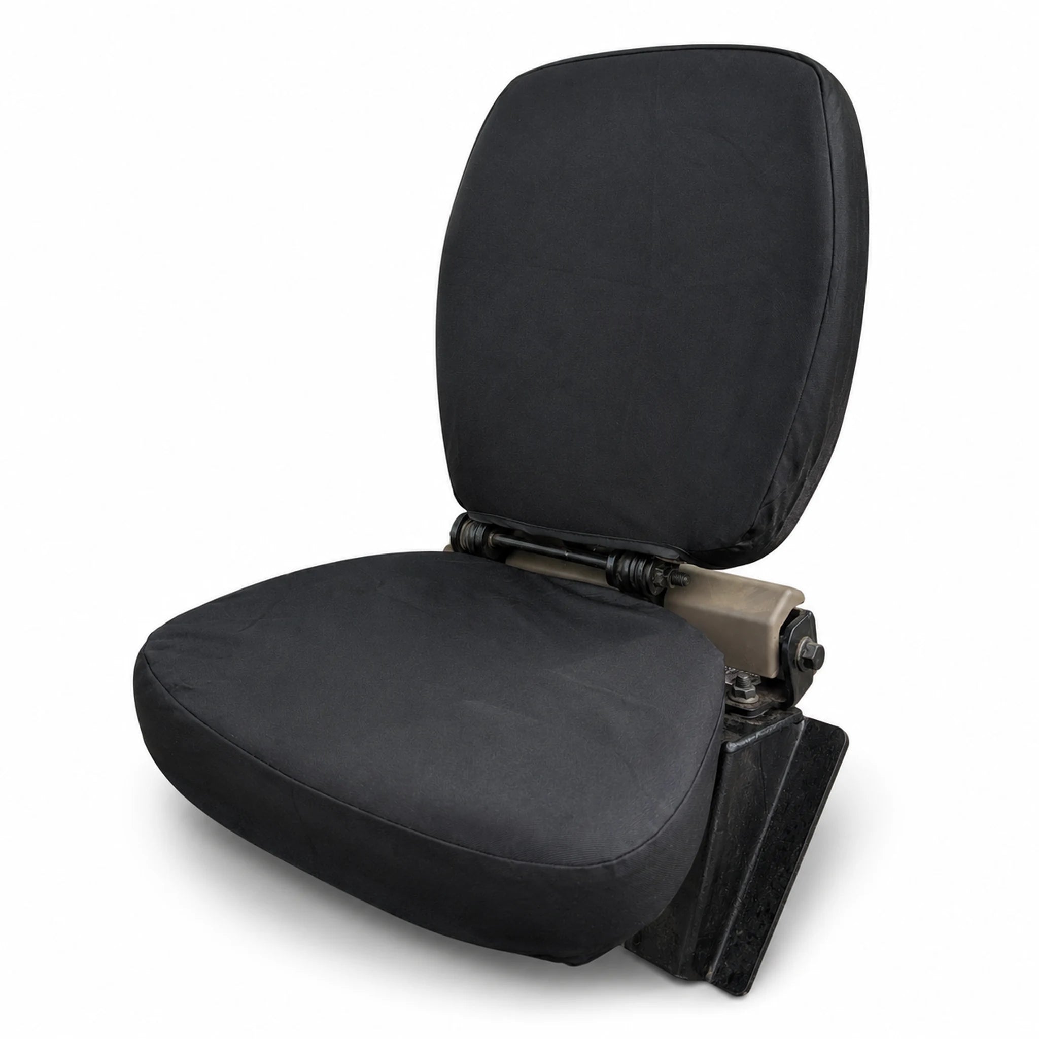 A black padded seat cushion with a matching backrest, shown on a white background. The cushion is mounted on a metal support frame with a tan adjustment knob.