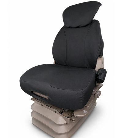 A black tractor seat cover fitted over a vehicle's driver seat, including the headrest and side bolsters, shown against a plain white background.