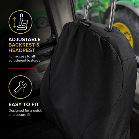 A black tractor seat cover fitted over a vehicle seat, shown inside a tractor cabin with a green tractor visible outside the window. Text on the left highlights adjustable backrest and headrest features and easy fit design.