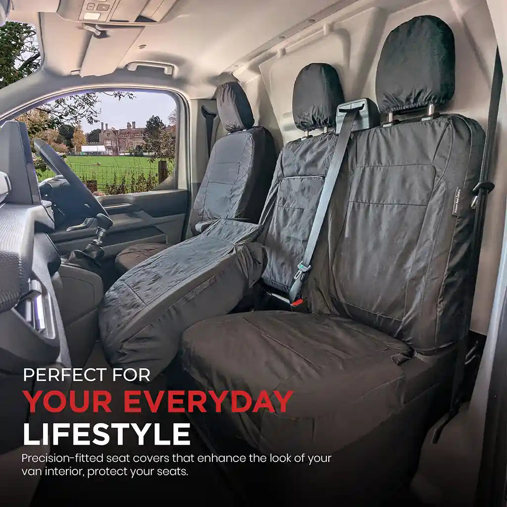 Ford Transit Custom  interior with black seat covers and text about seat covers for everyday lifestyle.