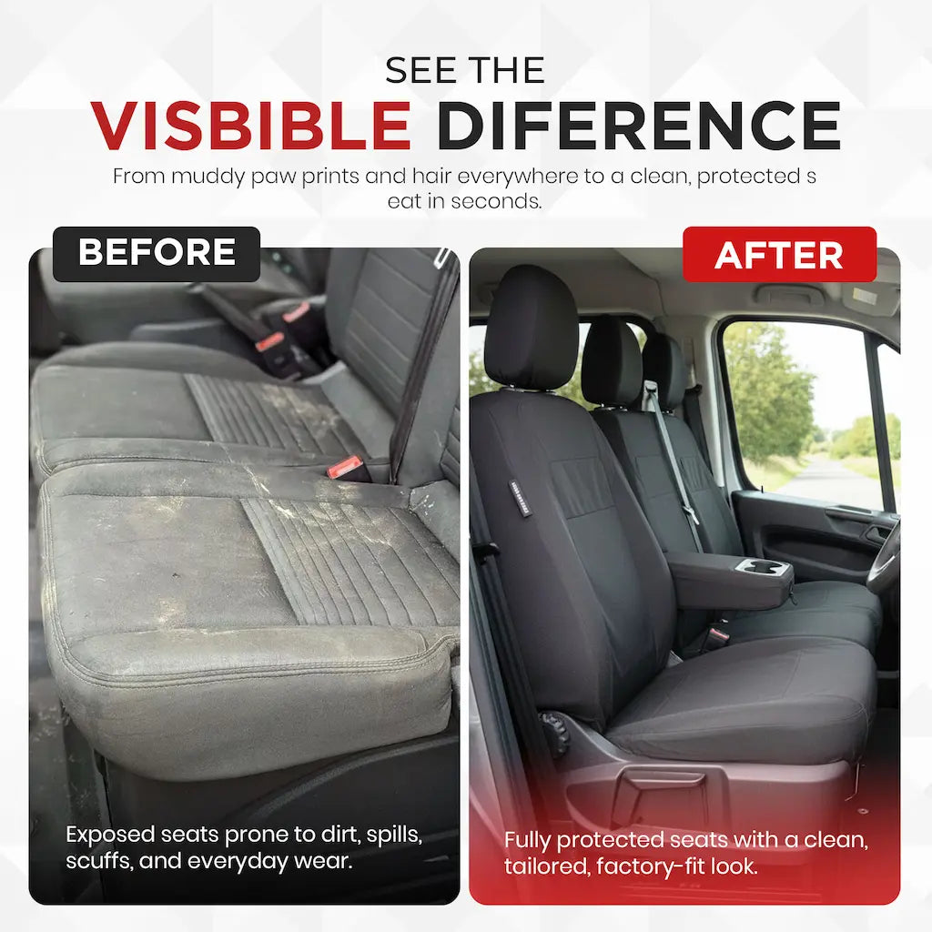 Before and after comparison of car seat cleaning with visible difference fitted to a Ford Transit Custom van.