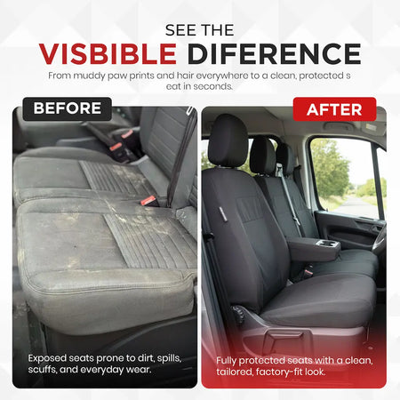 Before and after comparison of car seat cleaning with visible difference fitted to a Ford Transit Custom van.