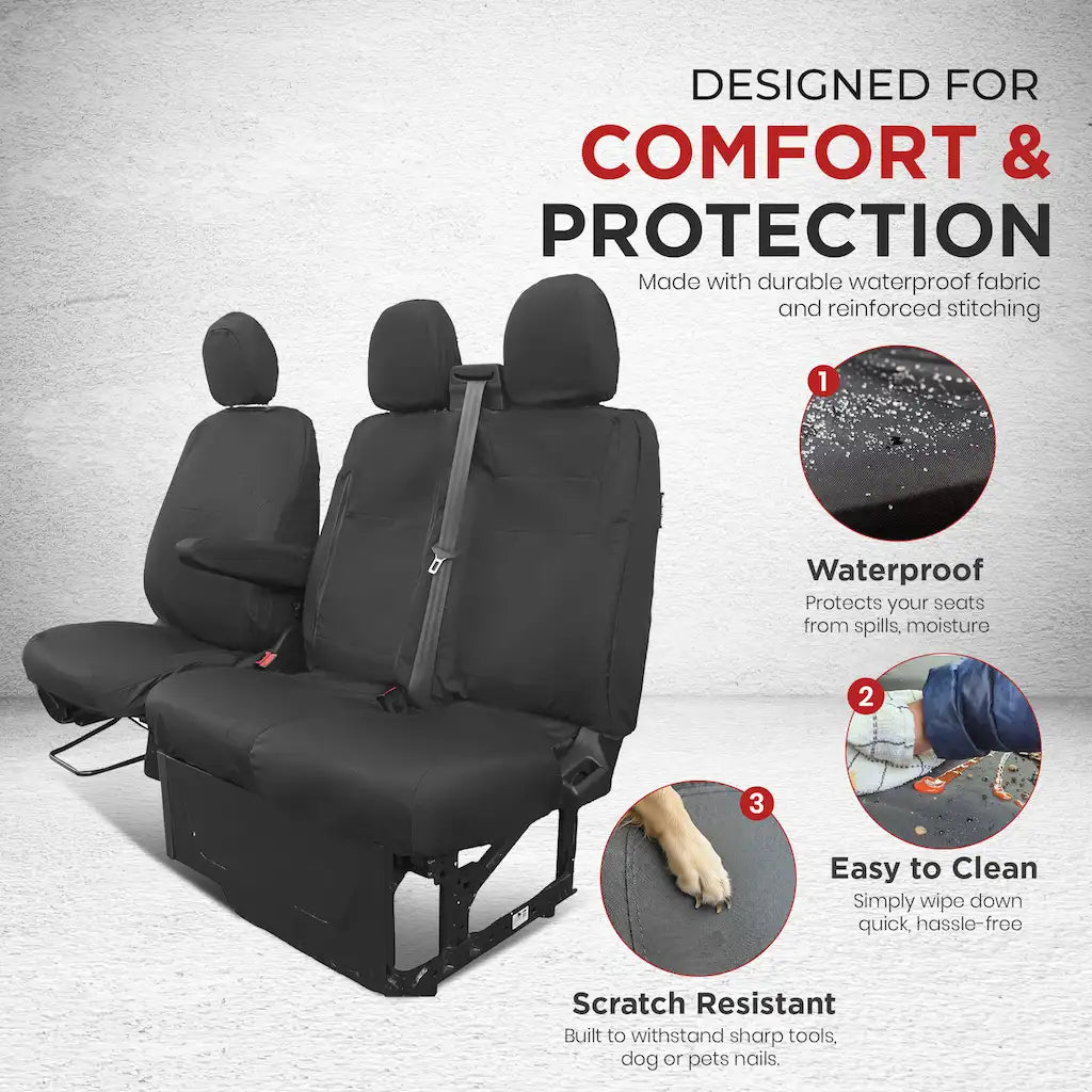 Black Ford Transit Custom seat covers with features highlighted on a gray background
