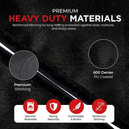 Text and graphics highlighting premium heavy-duty materials with features like reinforced stitching, 600 Denier PU coating, and machine washability on a black background.