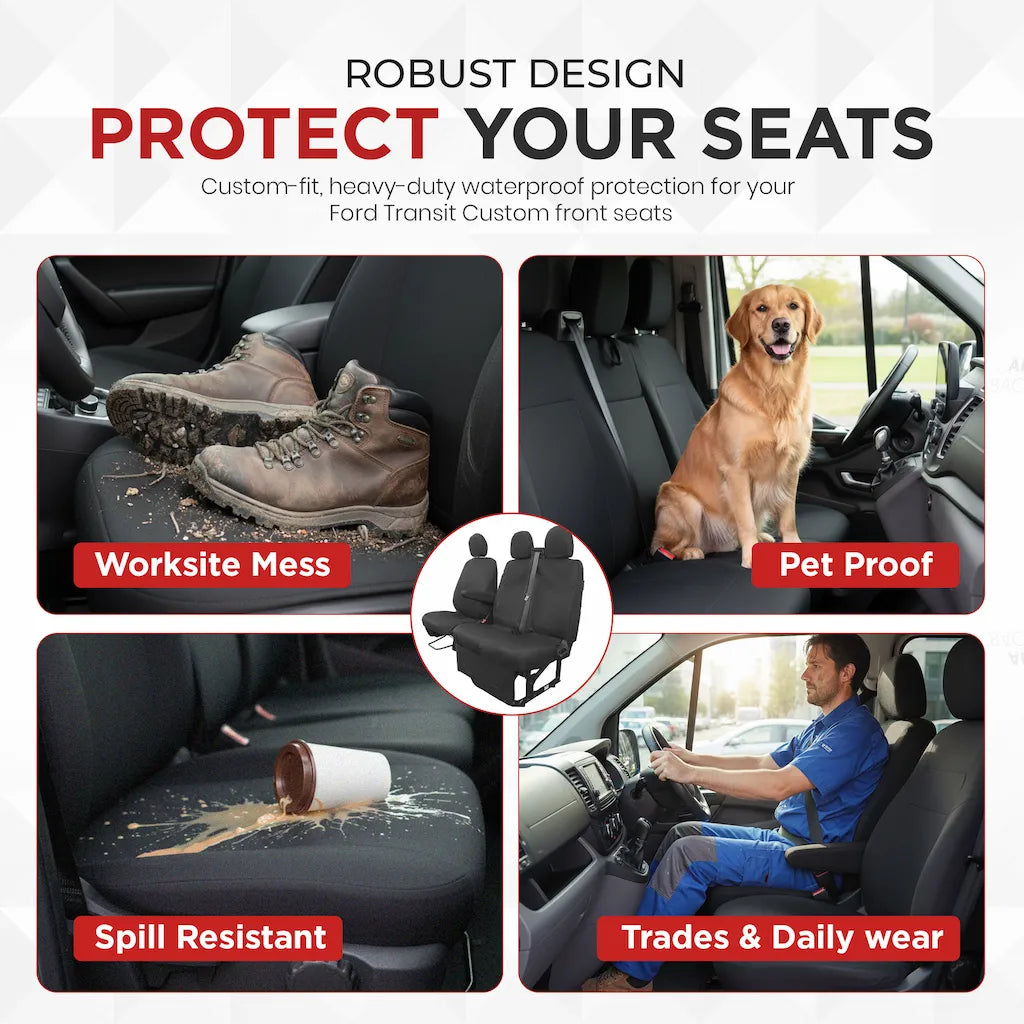 Ford Transit Custom seat protectors with various uses and features highlighted.
