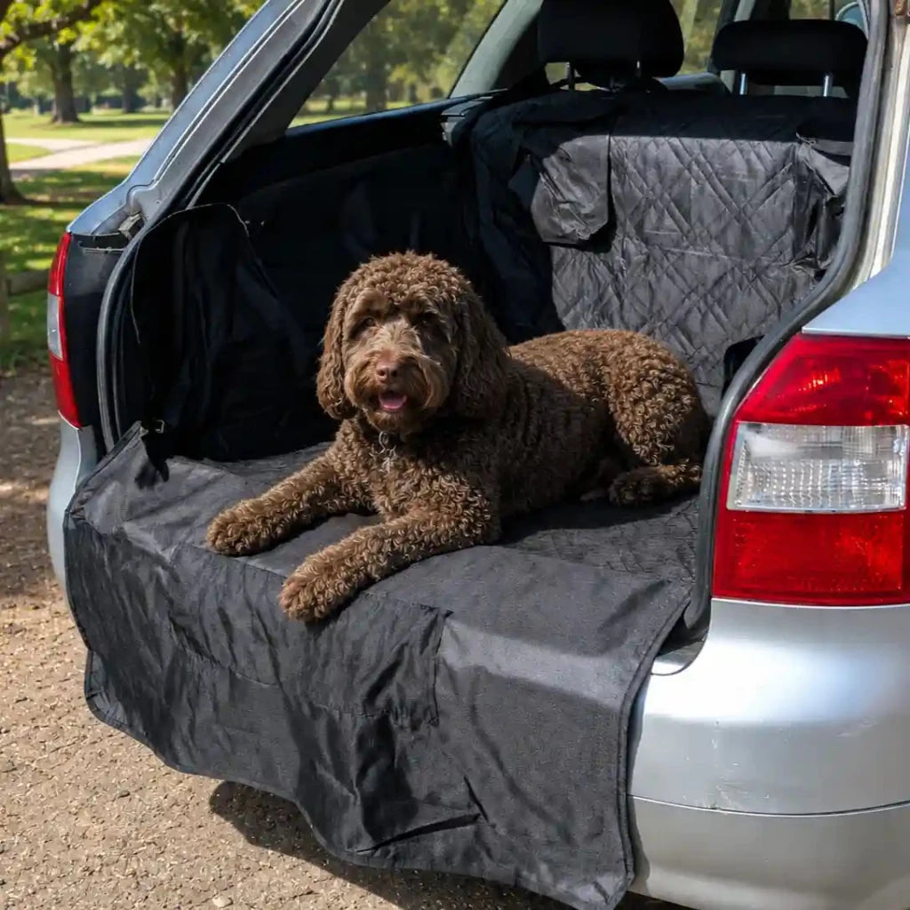 Black car boot liner laid over open trunk floor and backseat area, with raised edge.