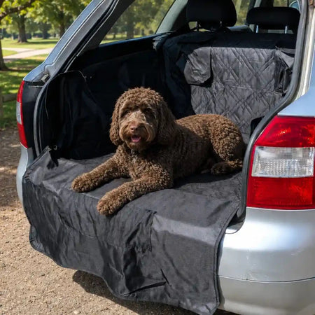 Black car boot liner laid over open trunk floor and backseat area, with raised edge.