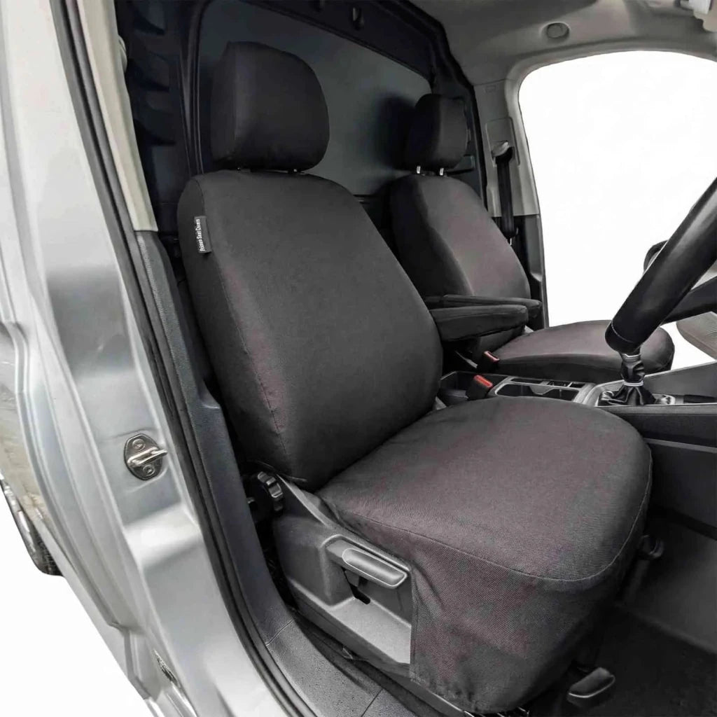 Front driver seat cover in dark gray fabric with fitted cushion and headrest