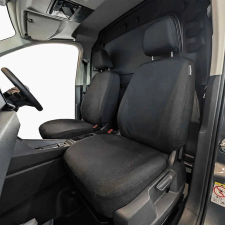 Front passenger and seat cover set in dark gray fabric, with headrests and armrest