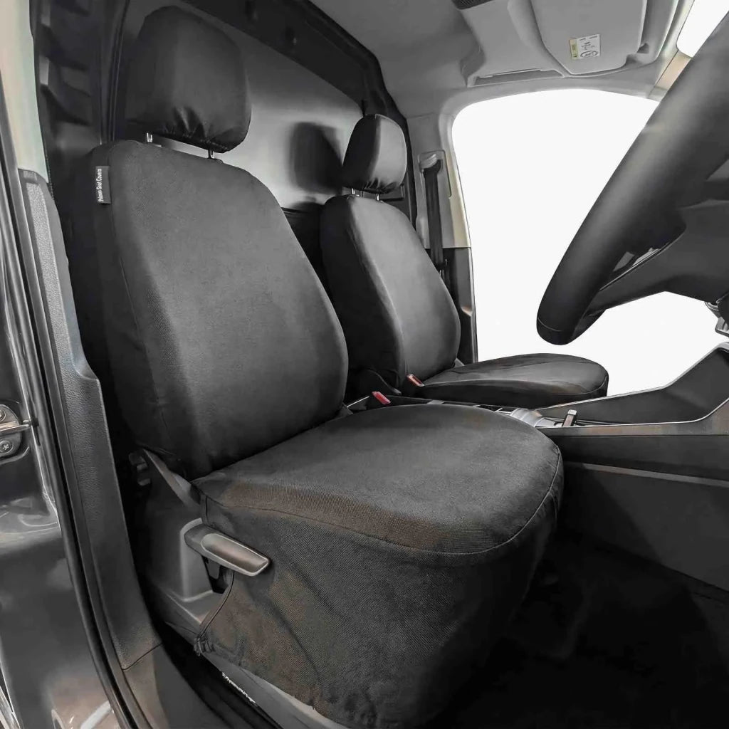 Front seat covers in dark gray fabric with fitted seat base and backrest