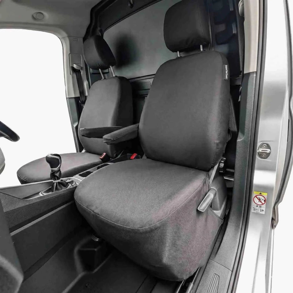 Front driver and passenger seat covers in dark gray fabric with fitted contours