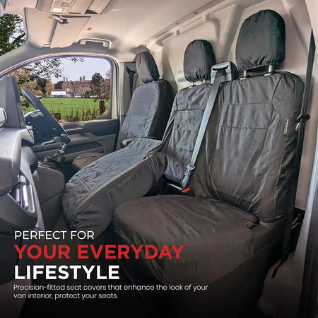 Volkswagen Transporter T7 interior with black seat covers and text about seat covers for everyday lifestyle.
