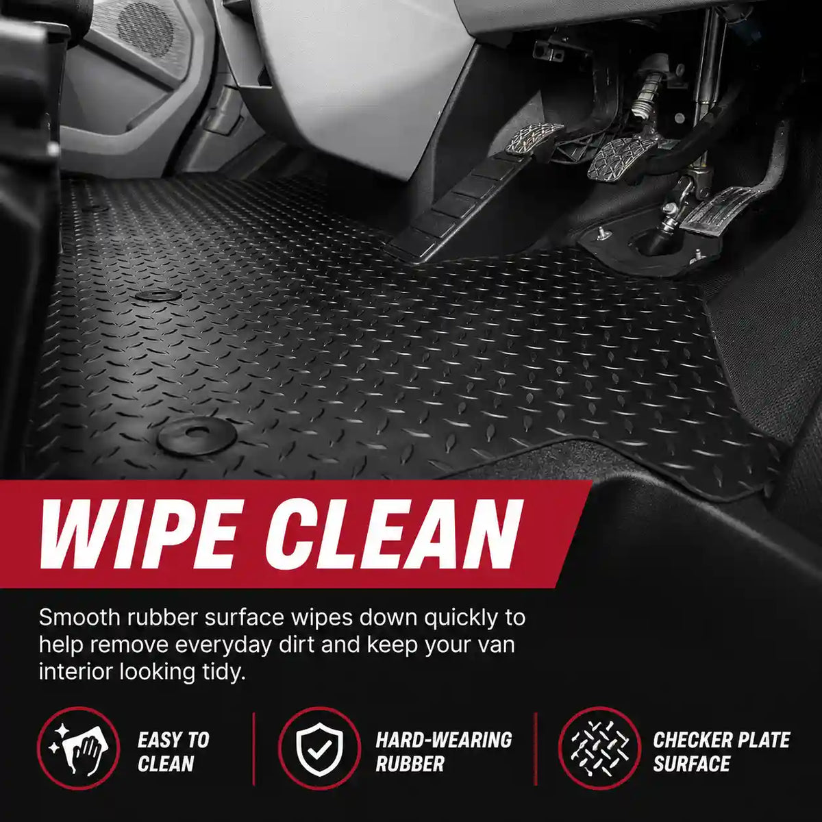 Black rubber van floor mat with textured checker surface and molded hold-down points