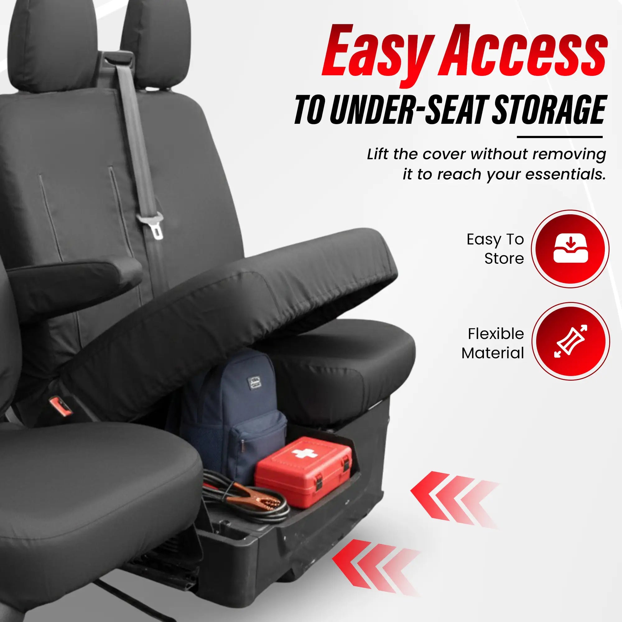 Van seat cover with under-seat storage compartment and text highlighting features.