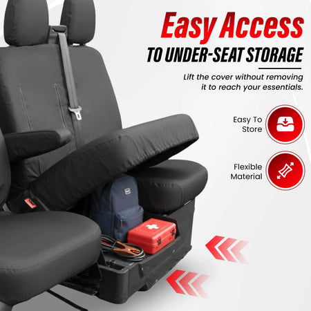 Van seat cover with under-seat storage compartment and text highlighting features.