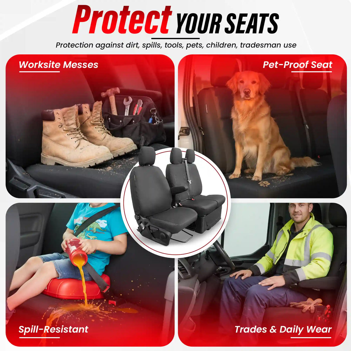 Car seat protectors with various uses including protection against dirt, spills, pets, tradesmen and builders.