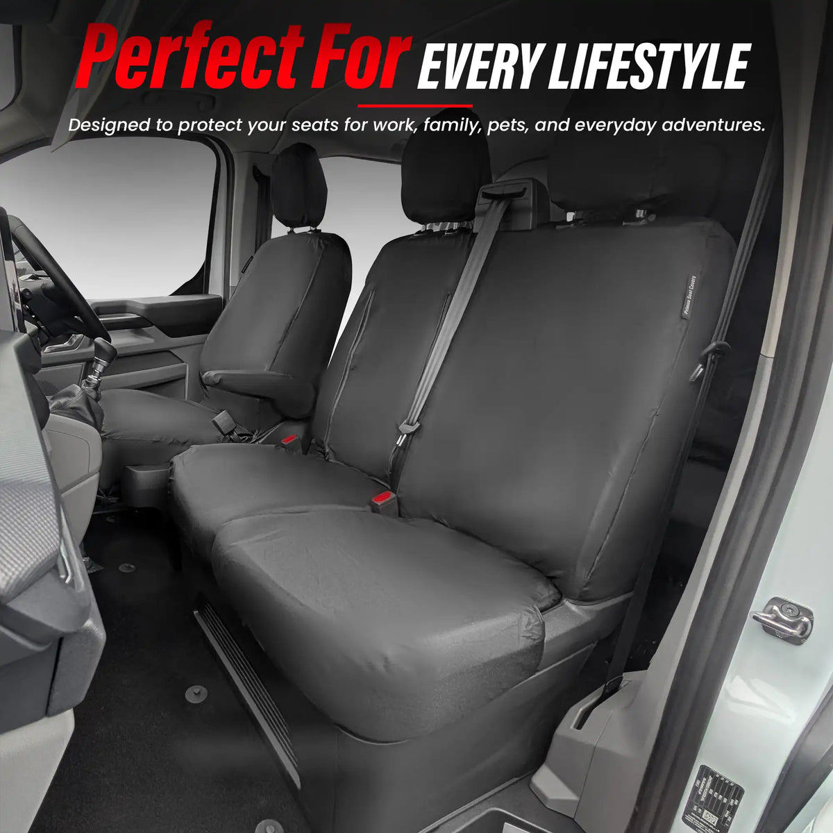 For Transit Custom van interior with black seat covers and text about versatility.