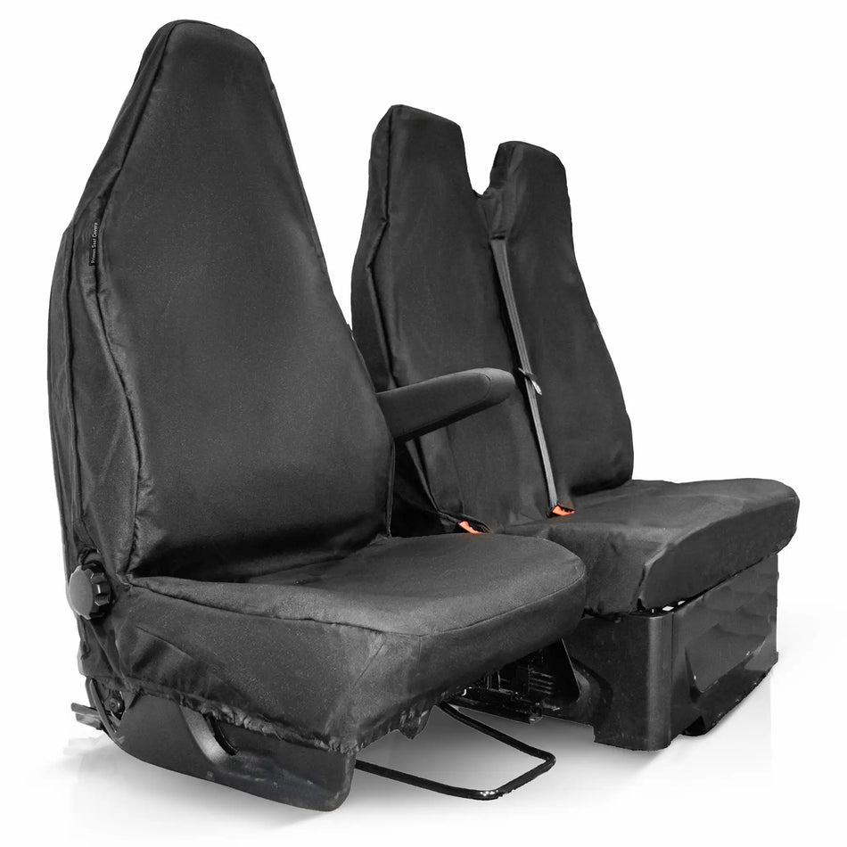 Black driver and double passenger van seat covers.
