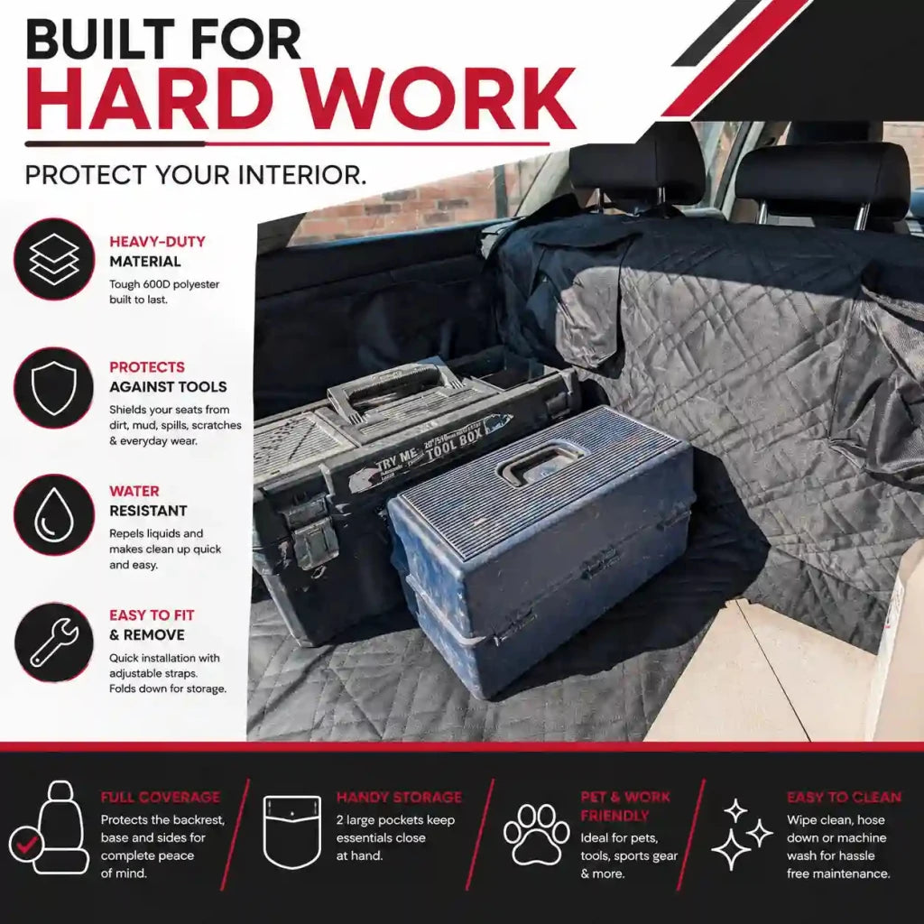 Black heavy-duty car boot liner with quilted protection and storage pockets, easy to clean.